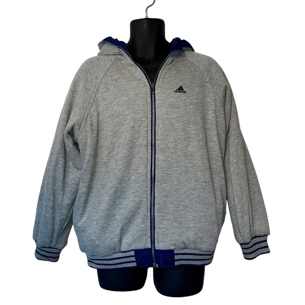 Vintage Adidas Reversible Hooded Bomber Jacket Boys XL Blue White Full Zip - Picture 7 of 16